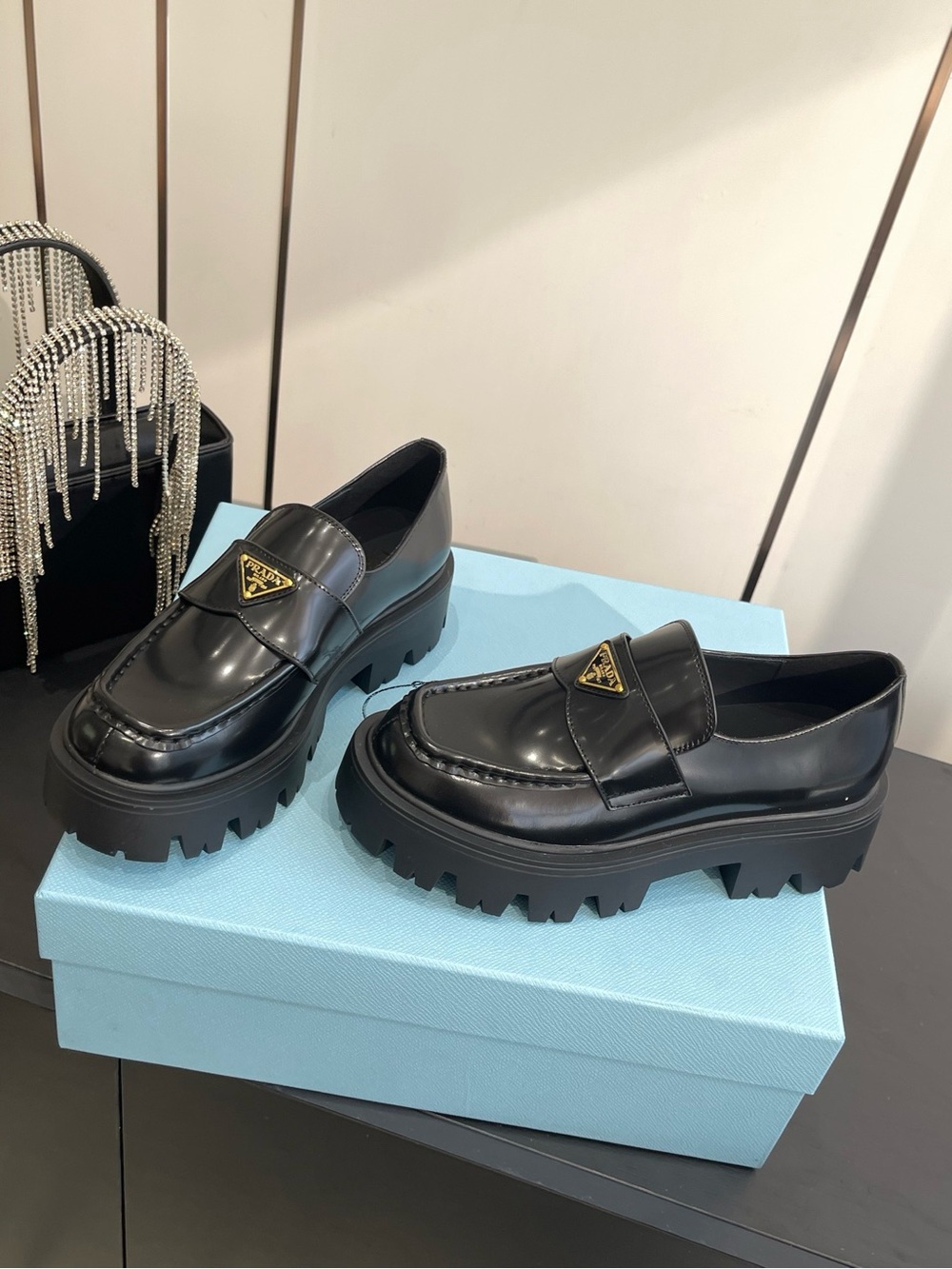 Prada Black Brushed Leather Monolith Platform Loafers Triangle Logo